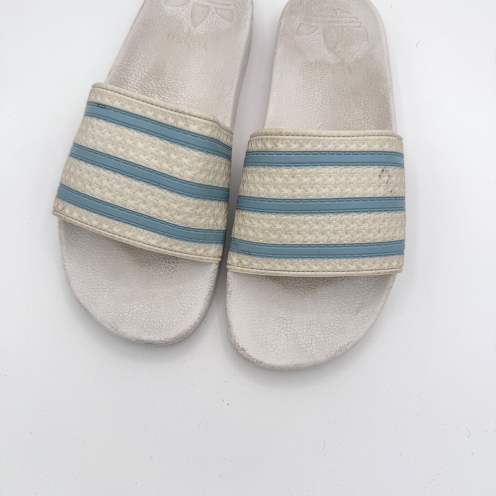 Adidas Adilette Slides Mens 8 White Blue Striped Sandals Athletic Pool Shoes